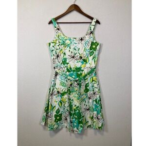 Breakin Loose Floral Fit & Flare‎ Dress Womens 12 Green White Tropical Belted